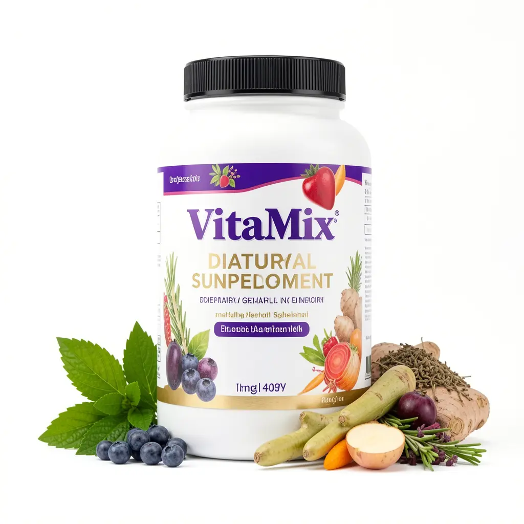 VitaMix dietary supplement bottle with natural ingredients displayed on a clean white background